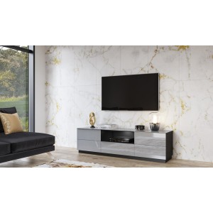 Meuble TV 180cm collection ZANTE avec 2 portes et 1 tiroir. LED incluses. Couleur noir et gris brillant.