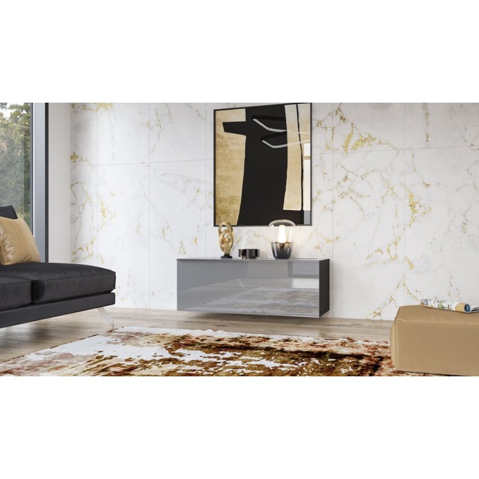 Meuble TV 120cm collection ZANTE avec 1porte. Couleur noir et gris brillant.
