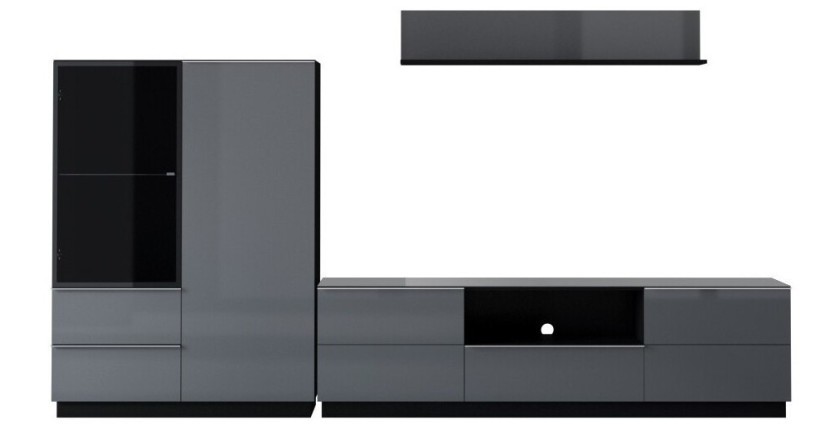 Ensemble meuble TV, buffet haut et étagère collection ZANTE. Couleur noir et gris brillant.