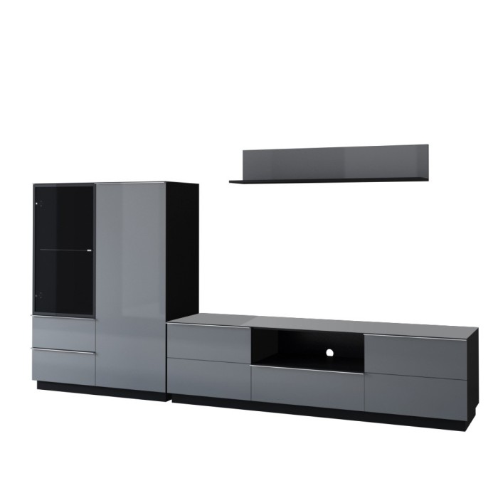 Ensemble meuble TV, buffet haut et étagère collection ZANTE. Couleur noir et gris brillant.