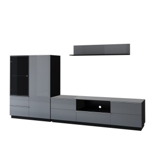 Ensemble meuble TV, buffet haut et étagère collection ZANTE. Couleur noir et gris brillant.