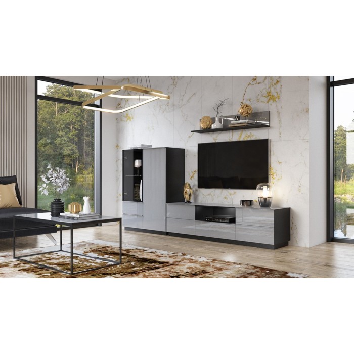 Ensemble meuble TV, buffet haut et étagère collection ZANTE. Couleur noir et gris brillant.