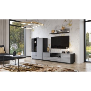 Ensemble meuble TV, buffet haut et étagère collection ZANTE. Couleur noir et gris brillant.