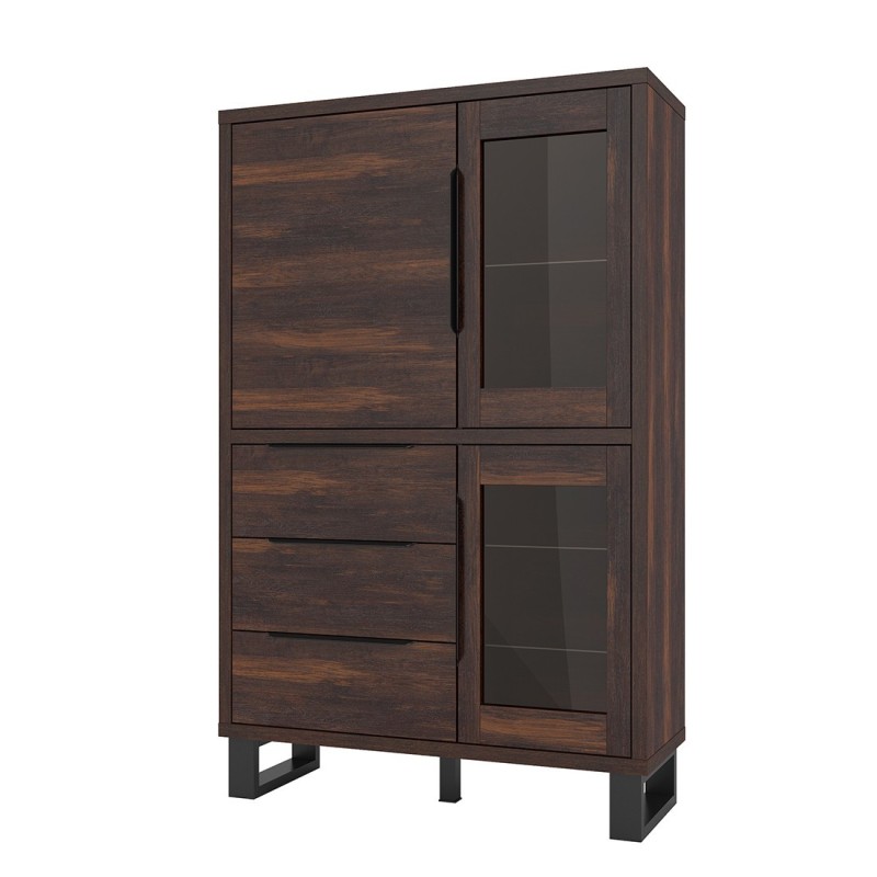 Vaisselier coloris chêne foncé collection MILO. Pieds en métal noir.