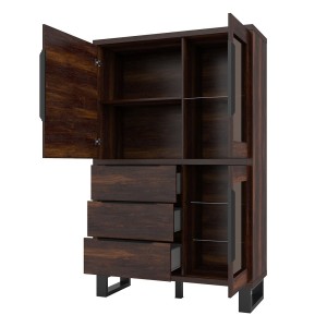 Vaisselier coloris chêne foncé collection MILO. Pieds en métal noir.