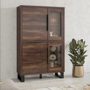 Vaisselier coloris chêne foncé collection MILO. Pieds en métal noir.