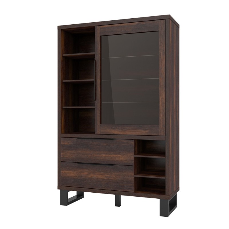 Vitrine, argentier, vaisselier coloris chêne foncé collection MILO. Pieds en métal noir.