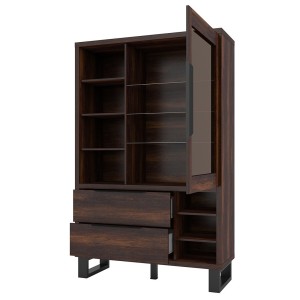 Vitrine, argentier, vaisselier coloris chêne foncé collection MILO. Pieds en métal noir.
