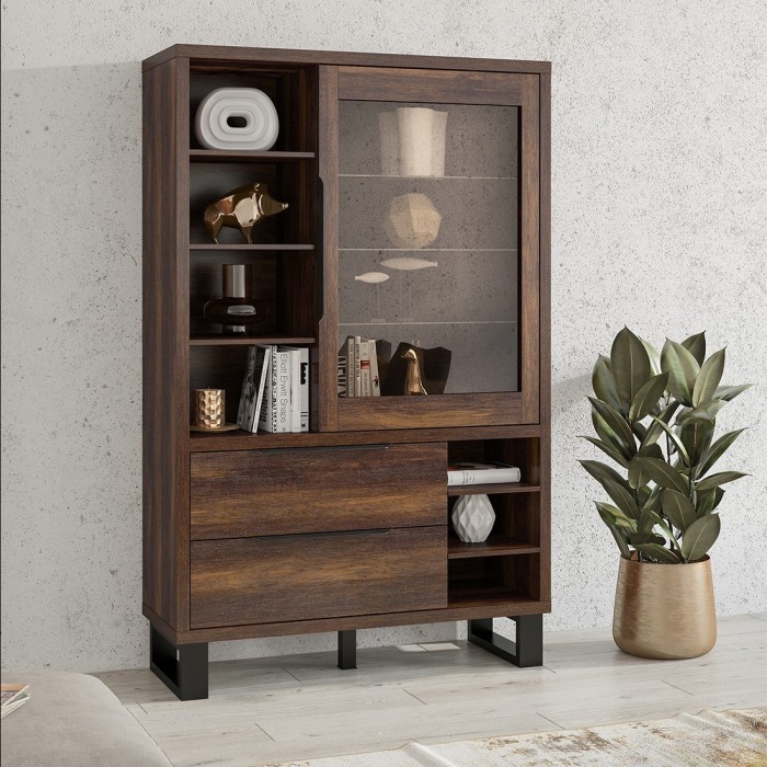 Vitrine, argentier, vaisselier coloris chêne foncé collection MILO. Pieds en métal noir.