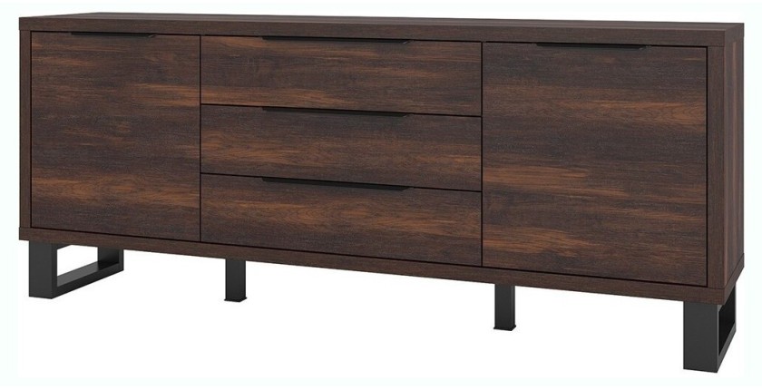 Buffet deux portes, trois tiroirs. Coloris chêne foncé collection MILO. Pieds en métal noir.