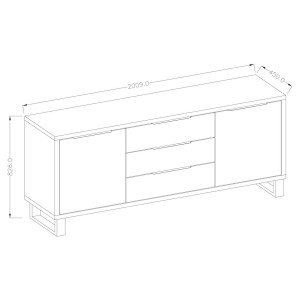 Buffet deux portes, trois tiroirs. Coloris chêne foncé collection MILO. Pieds en métal noir.