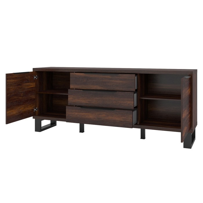 Buffet deux portes, trois tiroirs. Coloris chêne foncé collection MILO. Pieds en métal noir.