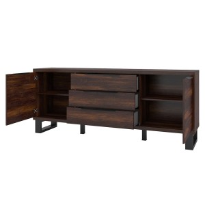 Buffet deux portes, trois tiroirs. Coloris chêne foncé collection MILO. Pieds en métal noir.