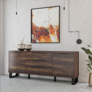 Buffet deux portes, trois tiroirs. Coloris chêne foncé collection MILO. Pieds en métal noir.