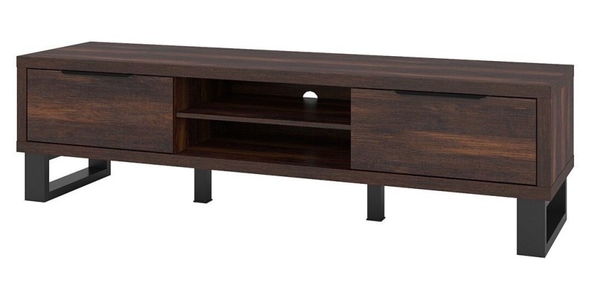 Meuble TV XL 180cm collection MILO. Coloris chêne foncé. Pieds en métal noir.