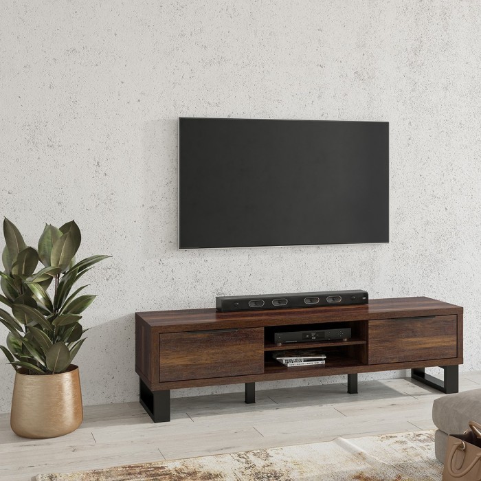 Meuble TV XL 180cm collection MILO. Coloris chêne foncé. Pieds en métal noir.