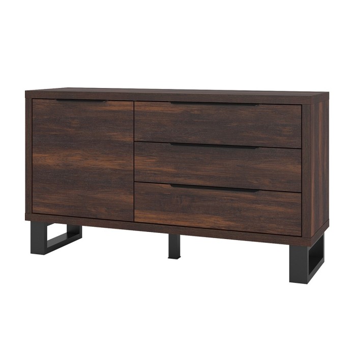 Buffet style industriel 140cm. Collection MILO une porte et trois tiroirs. Coloris chêne foncé.