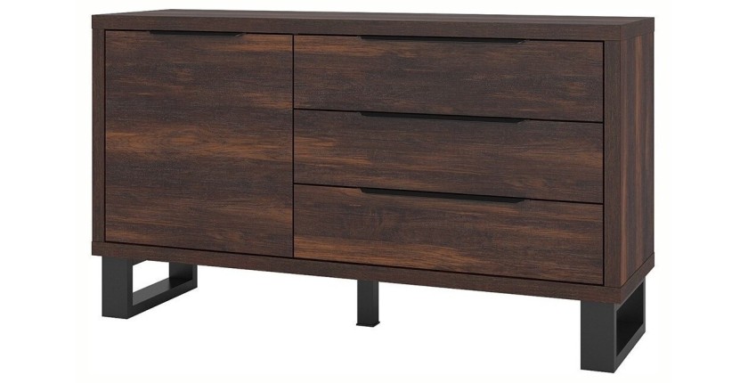 Buffet style industriel 140cm. Collection MILO une porte et trois tiroirs. Coloris chêne foncé.
