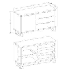 Buffet style industriel 140cm. Collection MILO une porte et trois tiroirs. Coloris chêne foncé.