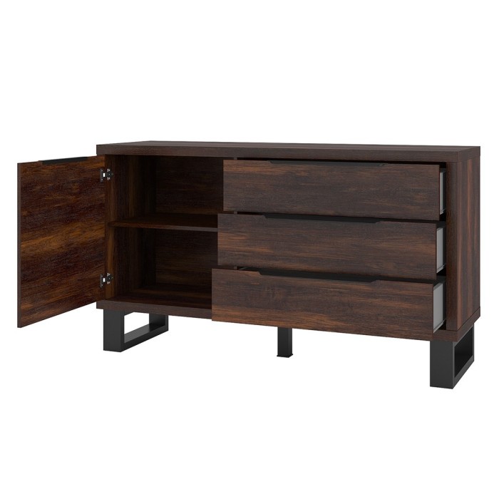 Buffet style industriel 140cm. Collection MILO une porte et trois tiroirs. Coloris chêne foncé.