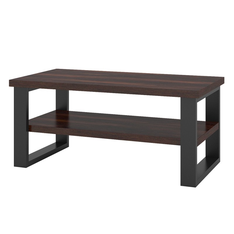 Table basse design collection MILO coloris chêne foncé. Pieds en métal noir.