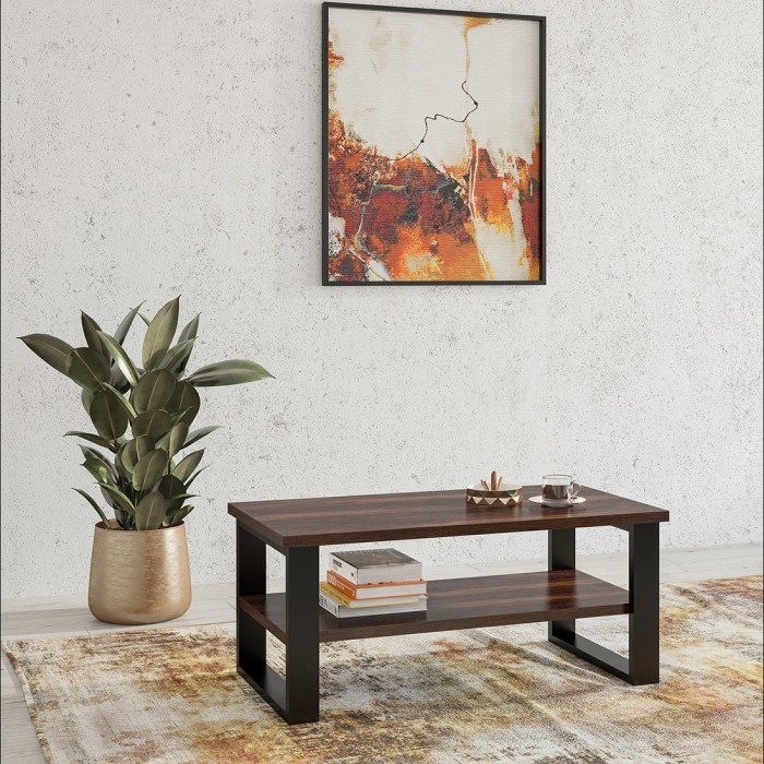 Table basse design collection MILO coloris chêne foncé. Pieds en métal noir.