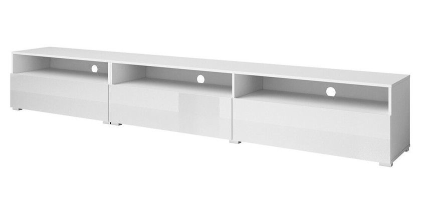 Meuble TV XL 270cm à poser ou à suspendre collection RAMOS. Coloris blanc brillant.