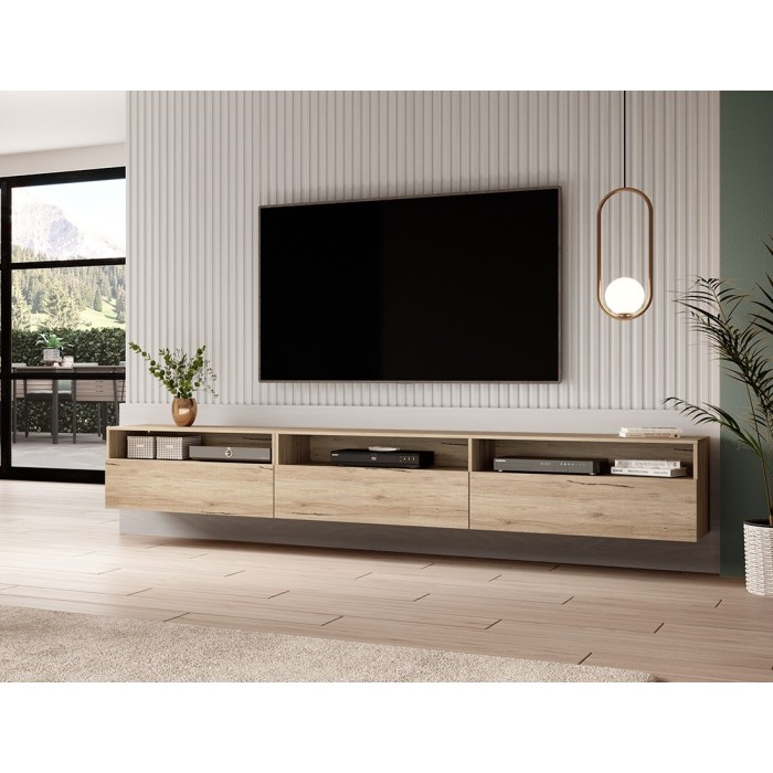 Meuble TV XL 270cm à poser ou à suspendre collection RAMOS. Coloris chêne.