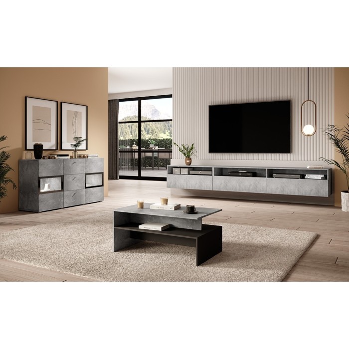 Table basse design collection RAMOS coloris gris effet béton et noir.