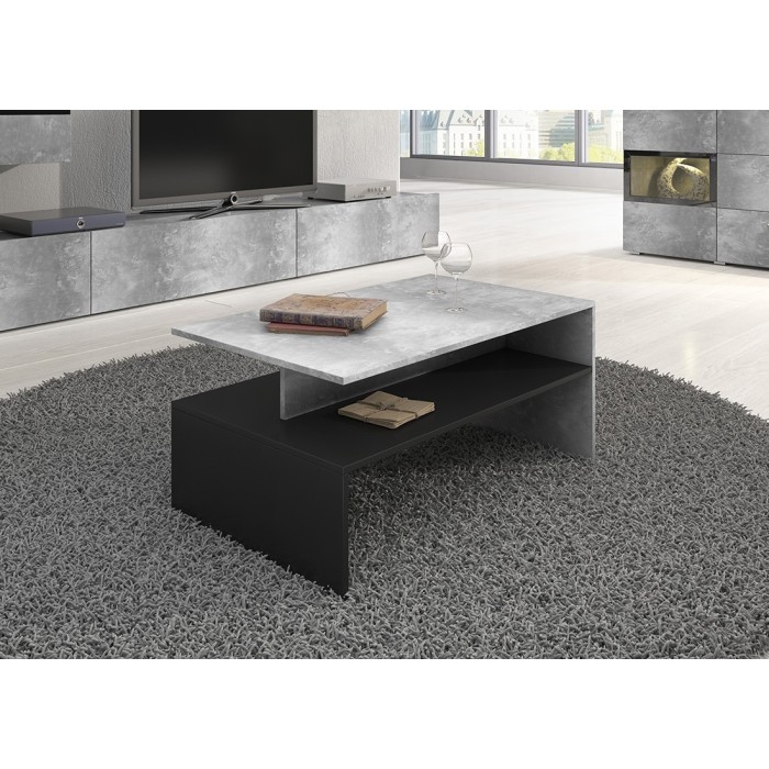 Table basse design collection RAMOS coloris gris effet béton et noir.