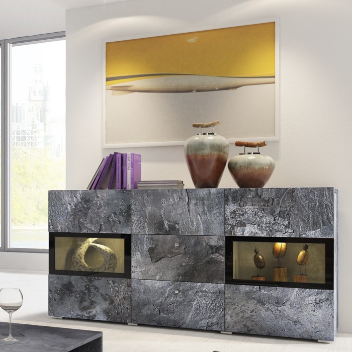 Buffet 2 portes et 3 tiroirs collection RAMOS. Éclairage LED intégré. Coloris gris effet ardoise et noir.