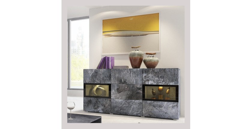 Buffet 2 portes et 3 tiroirs collection RAMOS. Éclairage LED intégré. Coloris gris effet ardoise et noir.