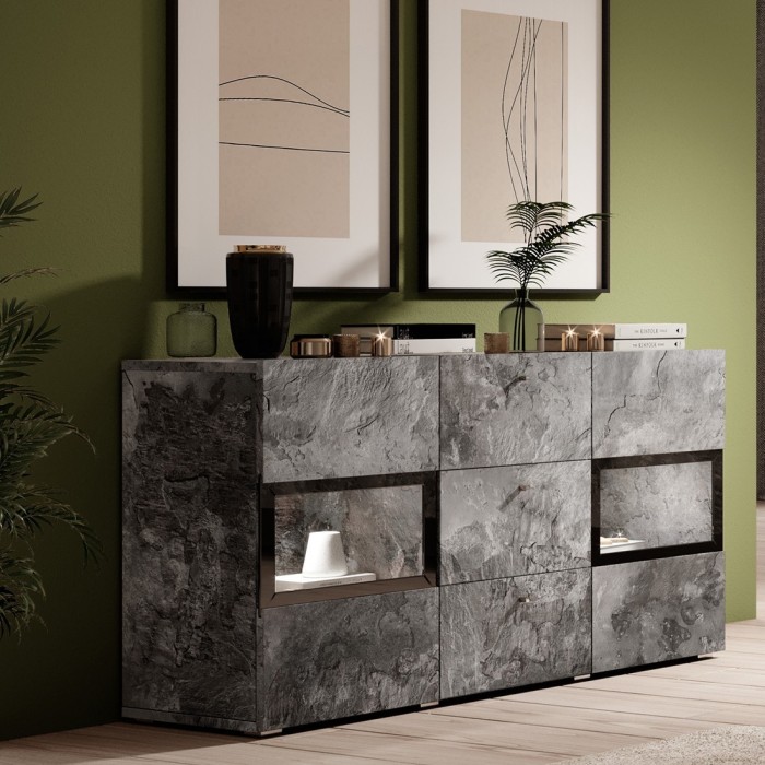 Buffet 2 portes et 3 tiroirs collection RAMOS. Éclairage LED intégré. Coloris gris effet ardoise et noir.