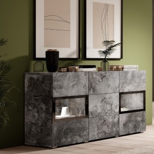 Buffet 2 portes et 3 tiroirs collection RAMOS. Éclairage LED intégré. Coloris gris effet ardoise et noir.