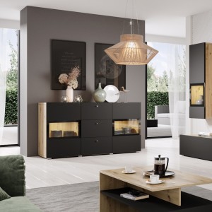 Buffet 2 portes et 3 tiroirs collection RAMOS. Éclairage LED intégré. Coloris chêne et noir super mat.