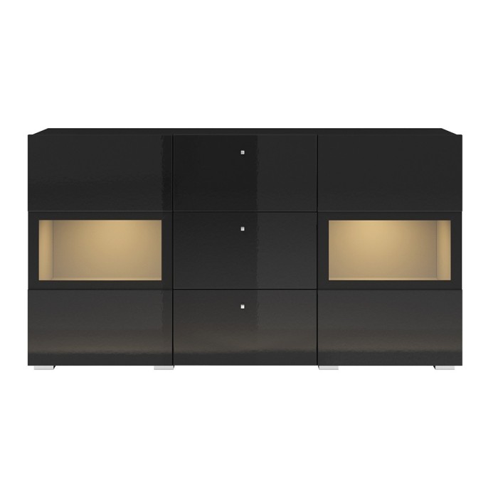Buffet 2 portes et 3 tiroirs collection RAMOS. Éclairage LED intégré. Coloris noir brillant.