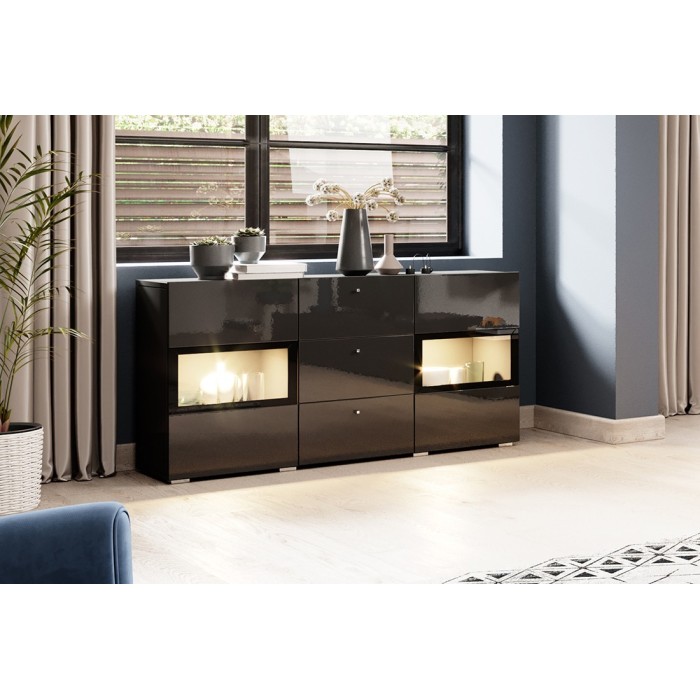 Buffet 2 portes et 3 tiroirs collection RAMOS. Éclairage LED intégré. Coloris noir brillant.