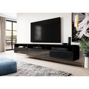 Meuble TV RAMOS noir brillant 270 cm – 3 portes abattantes et 3 niches – Design moderne