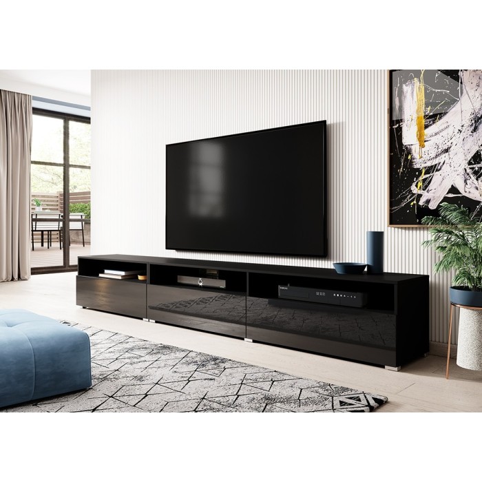 Meuble TV RAMOS noir brillant 270 cm – 3 portes abattantes et 3 niches – Design moderne
