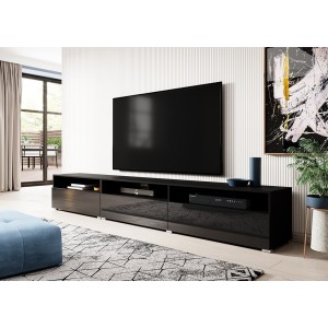 Meuble TV RAMOS noir brillant 270 cm – 3 portes abattantes et 3 niches – Design moderne