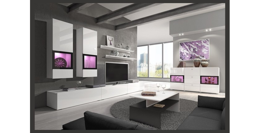 Ensemble de 7 meubles de salon collection RAMOS. Couleur blanc brillant.