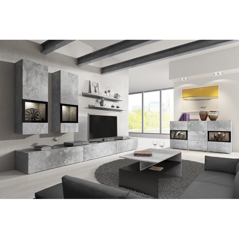Ensemble de 7 meubles de salon collection RAMOS. Couleur gris effet béton et noir.
