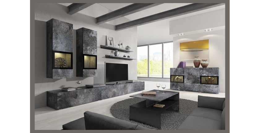 Ensemble de 7 meubles de salon collection RAMOS. Couleur gris effet ardoise et noir.