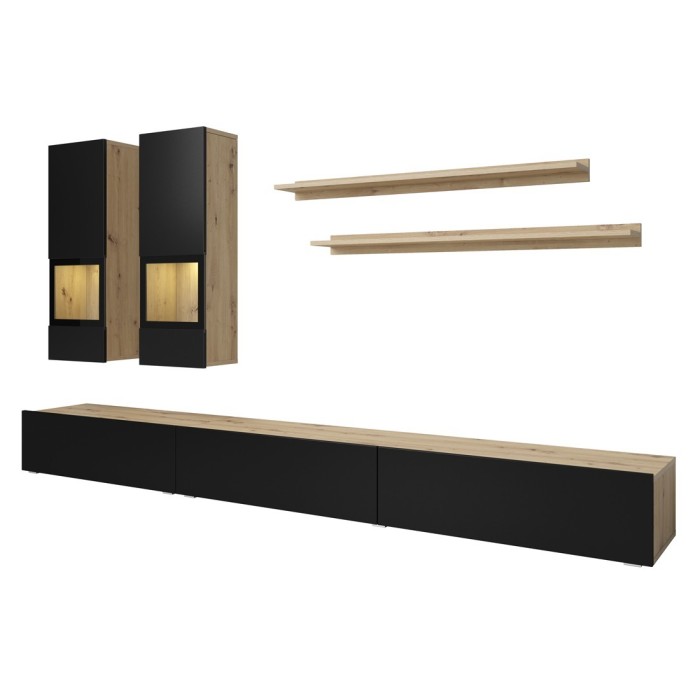 Ensemble de 7 meubles de salon collection RAMOS. Chêne et noir super mat.