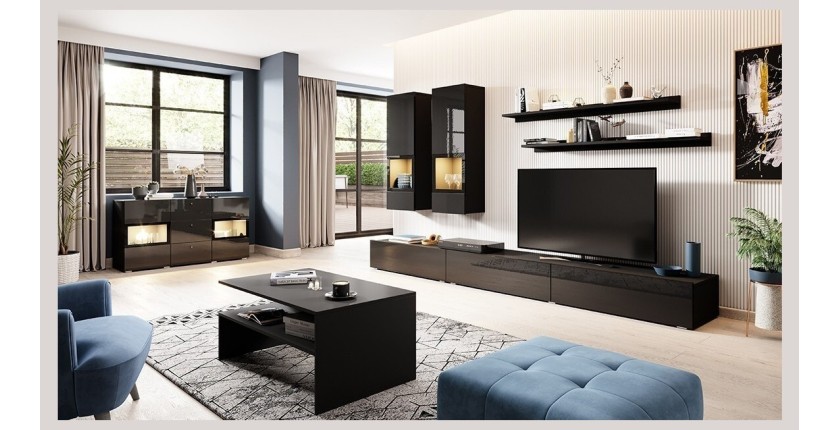 Ensemble de 7 meubles de salon collection RAMOS. Coloris noir brillant