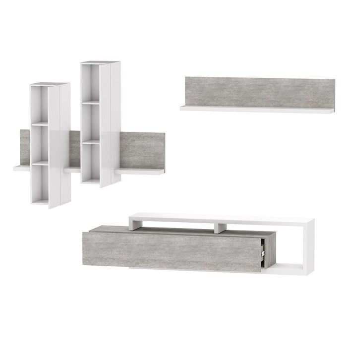 Ensemble meubles de salon avec LED collection BERGAME. Coloris blanc et gris béton.