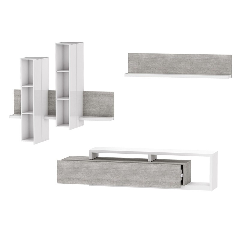 Ensemble meubles de salon avec LED collection BERGAME. Coloris blanc et gris béton.