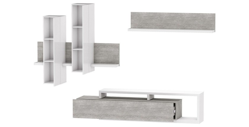 Ensemble meubles de salon avec LED collection BERGAME. Coloris blanc et gris béton.