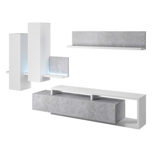 Ensemble meubles de salon avec LED collection BERGAME. Coloris blanc et gris béton.