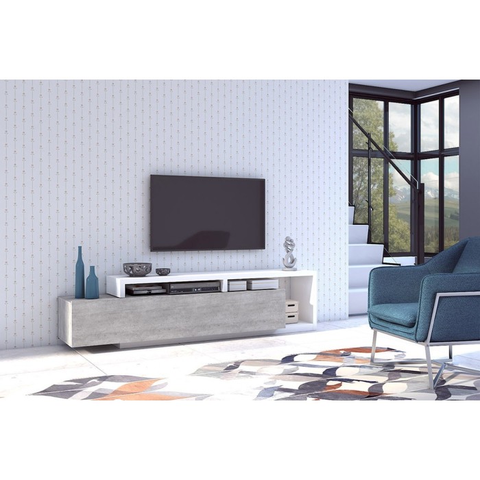 Meuble TV 220cm collection BERGAME. Coloris blanc et gris béton.